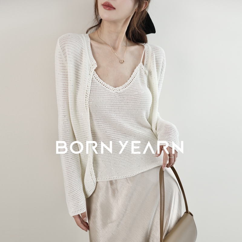 Born Yearn "Starlight Set” Korean-Style Sequin Ribbed Linen Camisole Women's Autumn Knit Cardigan Two-Piece Set