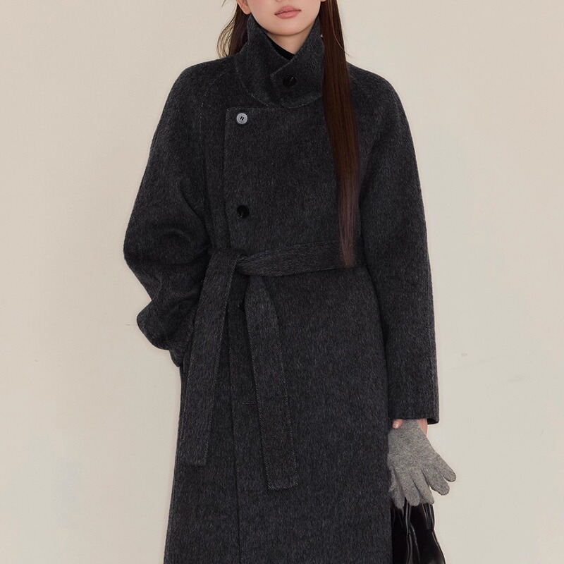 Black and Gray Double-Sided Cashmere Coat for Women 2025 Autumn and Winter High-End New Korean Style Loose and Lazy Style Woolen Coat