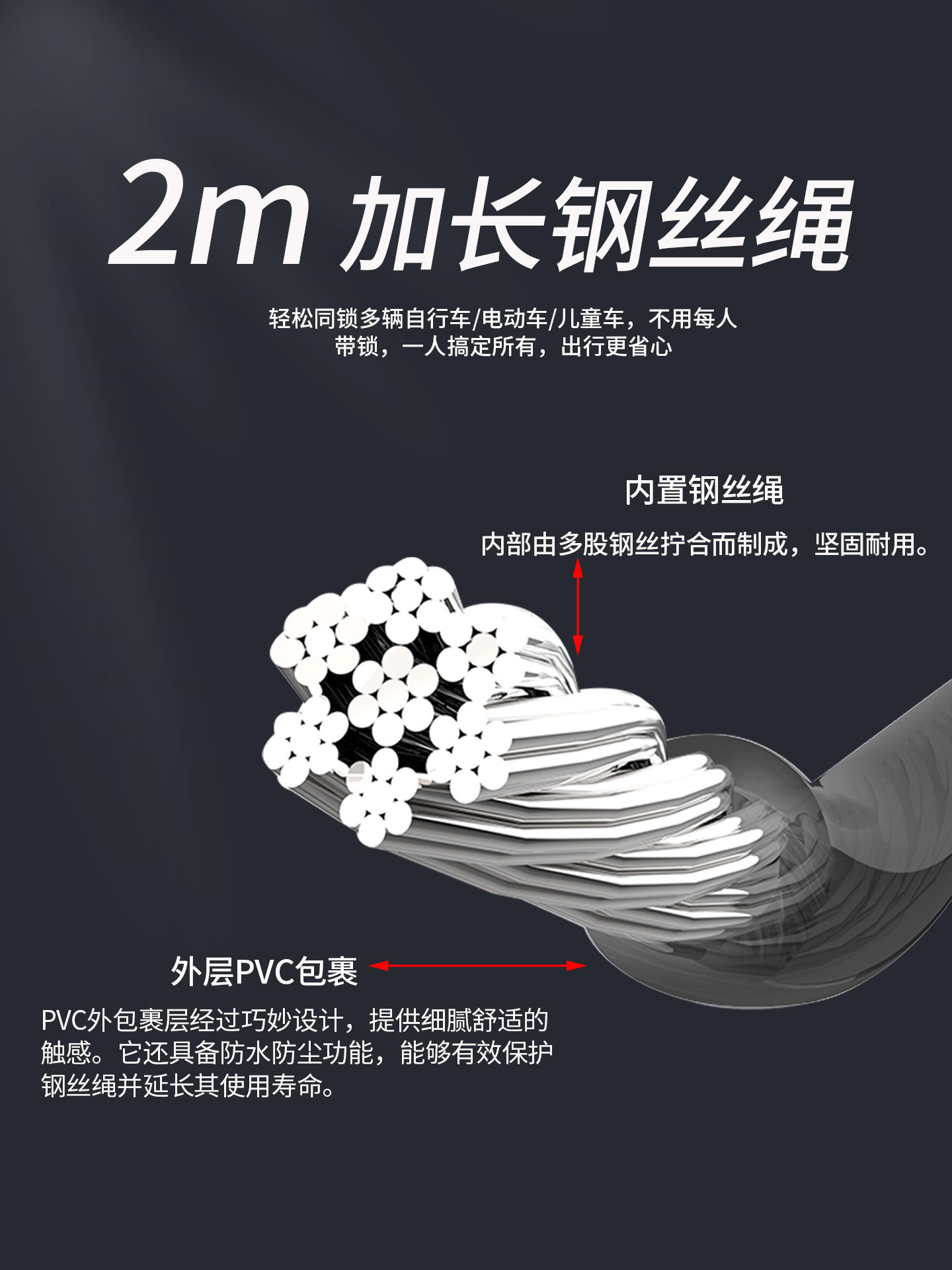 2m Wire Rope Combination Lock for Multiple Bicycles, Electric Vehicles, Helmets, Retractable and Adjustable, Zinc Alloy, 4-Digit Code