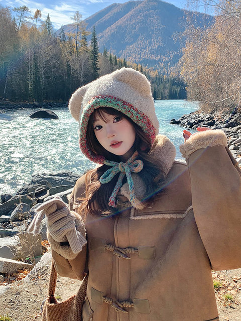 2025 New Cute Bear Ear Knitted Woolen Hat for Women, Plush Hat for Autumn and Winter, Warm and Ear-Protecting, Large Head Circumference