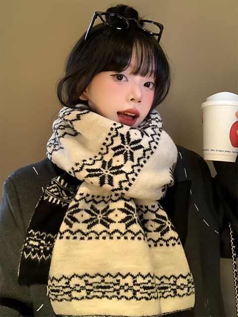 Snowflake Double-Sided Knitted Scarf for Women, Autumn and Winter Korean Style, Thickened for Warmth, High-End Feel, Vintage Shawl