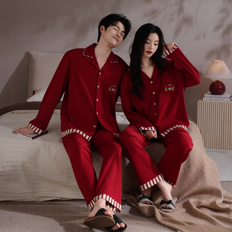 Red Couple Pajamas for Spring, Autumn, and Winter, Pure Cotton, Red Color for the Year of Birth, Plus Size for Chubby Women, Newlywed Wedding Set for Men and Women