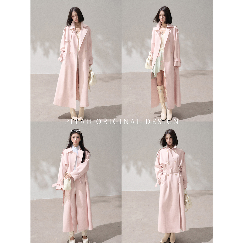 Pitao Original Design'English Rose' British Style Pink Double-Breasted Loose Long Trench Coat for Women, Autumn Style Pitao Original Design'English Rose' British Style Pink Double-Breasted Loose Long Trench Coat for Women, Autumn Style