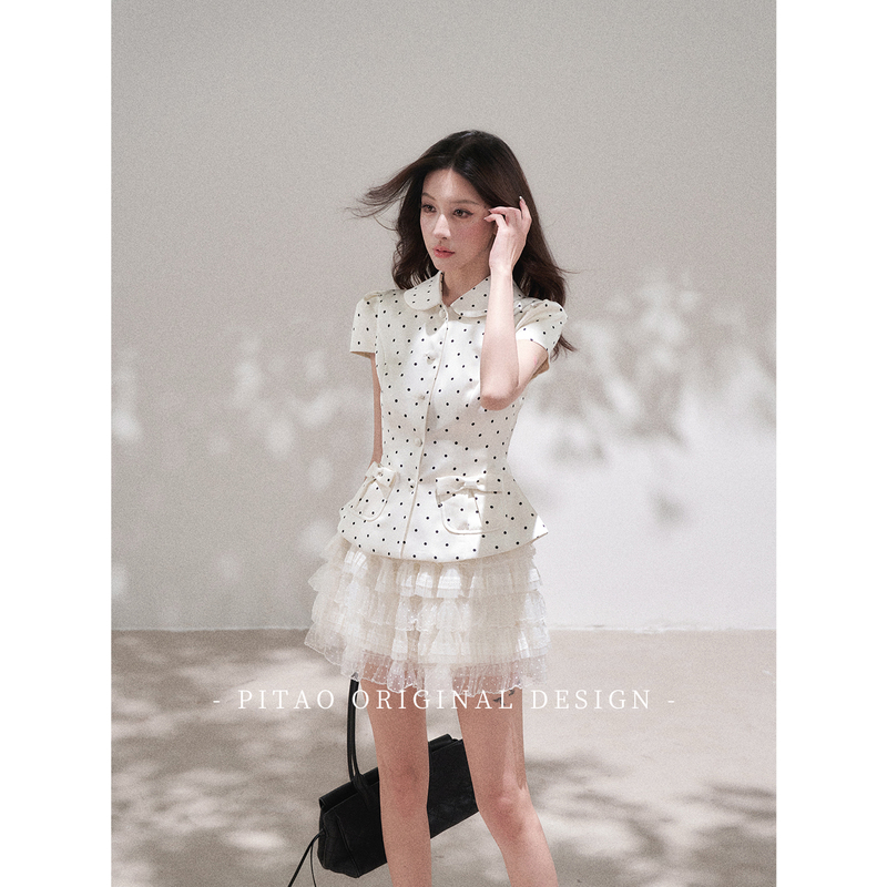Pitao Original Design'Sweetheart Shirley' Small Fragrance Style Retro Polka Dot Doll Collar Short-Sleeved Shirt Age-Reducing Top for Women Pitao Original Design'Sweetheart Shirley' Small Fragrance Style Retro Polka Dot Doll Collar Short-Sleeved Shirt Age-Reducing Top for Women