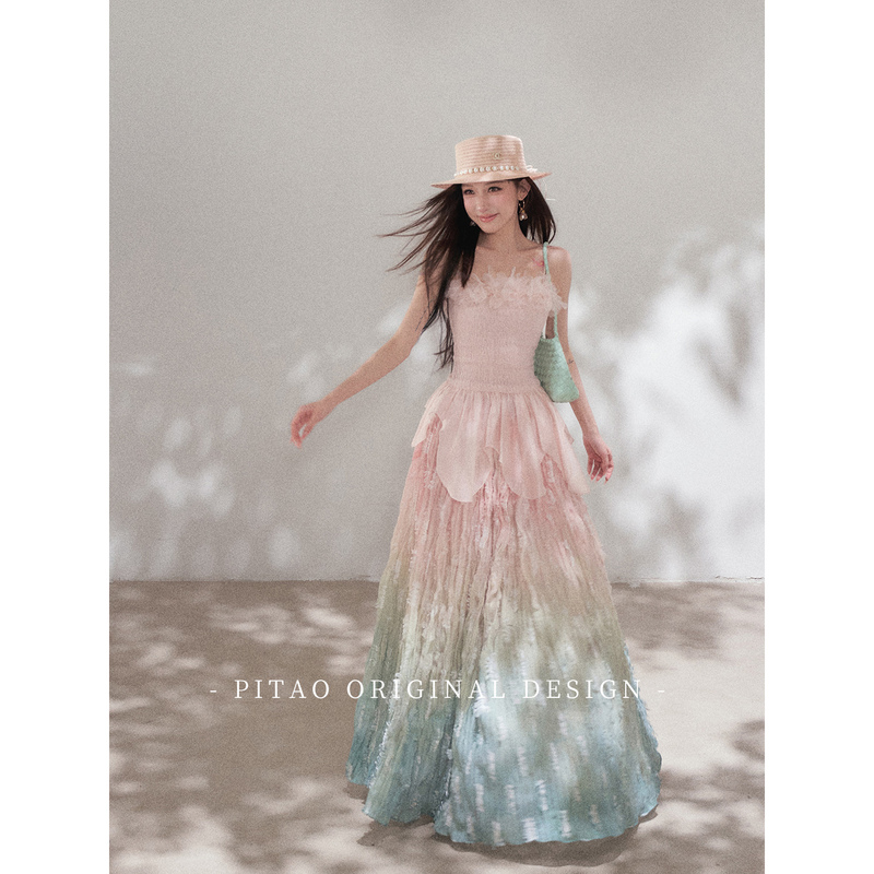 Pitao Original Design'Sunset Coral' High-End Gradient Pleated New Skirt Women's A-Line Long Skirt Pitao Original Design'Sunset Coral' High-End Gradient Pleated New Skirt Women's A-Line Long Skirt