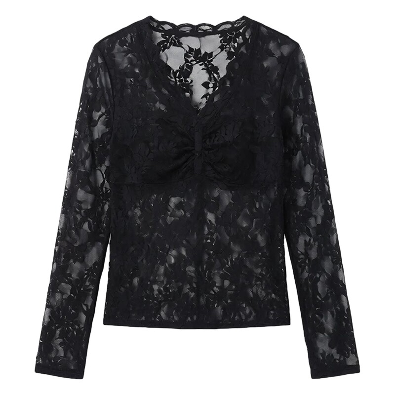 Black V-Neck Lace Base Shirt for Women, 2026 New Autumn French Style High-End Coat with Long-Sleeve T-Shirt Top Underneath