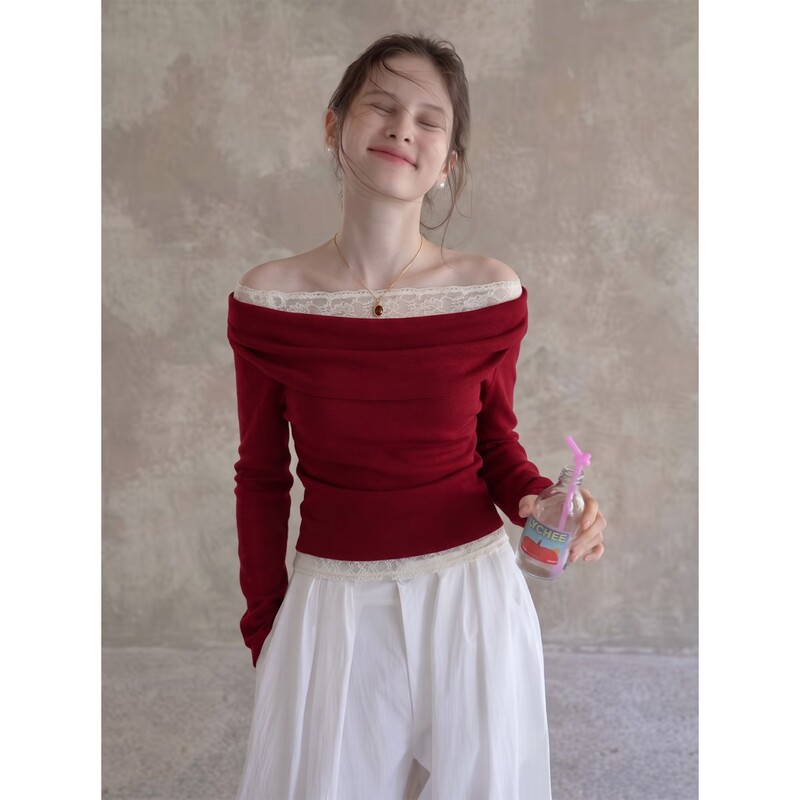 French-Style Red Lace Patchwork Faux Two-Piece Knit Top for Women, New Autumn Off-Shoulder T-Shirt with Long Sleeves French-Style Red Lace Patchwork Faux Two-Piece Knit Top for Women, New Autumn Off-Shoulder T-Shirt with Long Sleeves