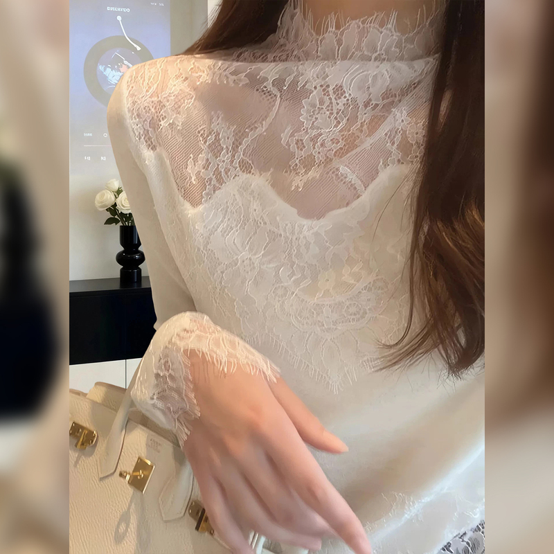 White High-Neck Lace T-Shirt for Women, Early Autumn New Style, High-End Fashion, Elegant Inner Layering Top, Mesh Blouse White High-Neck Lace T-Shirt for Women, Early Autumn New Style, High-End Fashion, Elegant Inner Layering Top, Mesh Blouse