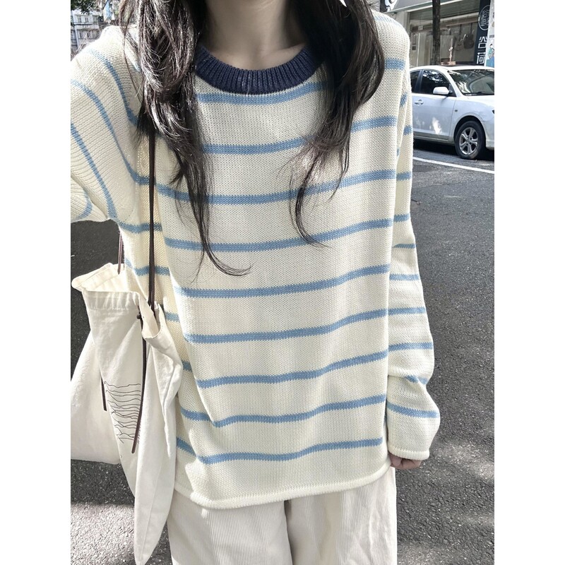 Lazy Style Stripesd Round Neck Knitwear T-Shirt for Women in Autumn and Winter New Style Loose Soft Waxy Knitwear High-End Fashion Top