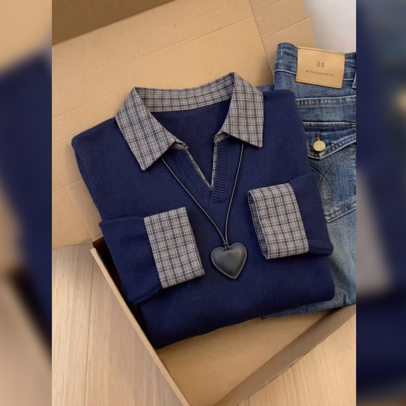 Klein Blue Fake Two-Piece Polo Collar Knitted Base Shirt for Women, New Autumn and Winter Plaid Patchwork Short Sweater Top Klein Blue Fake Two-Piece Polo Collar Knitted Base Shirt for Women, New Autumn and Winter Plaid Patchwork Short Sweater Top