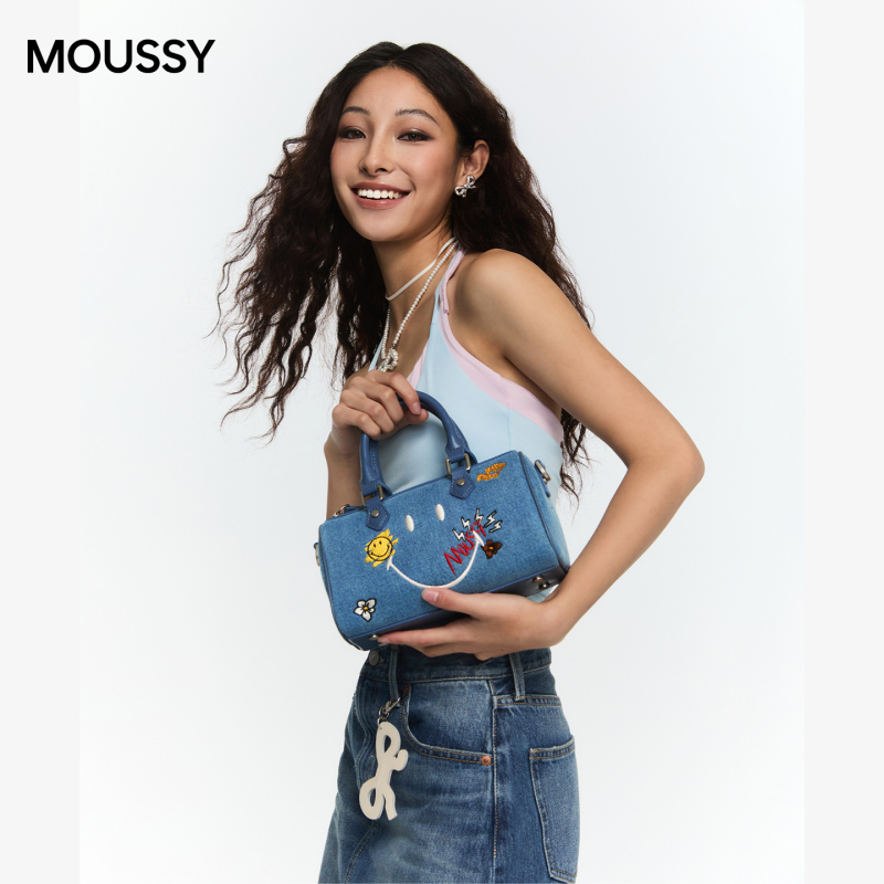 Moussy×Smiley Co-Branded Boston Bag, Shoulder Bag, Crossbody Bag, Washed Denim Style Women's Bag