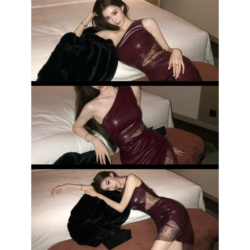 Shirley's "Nighttime Romance" Sexy Lace Patchwork One-Shoulder Dress for Women, Slim-Fitting Bodycon Leather Skirt