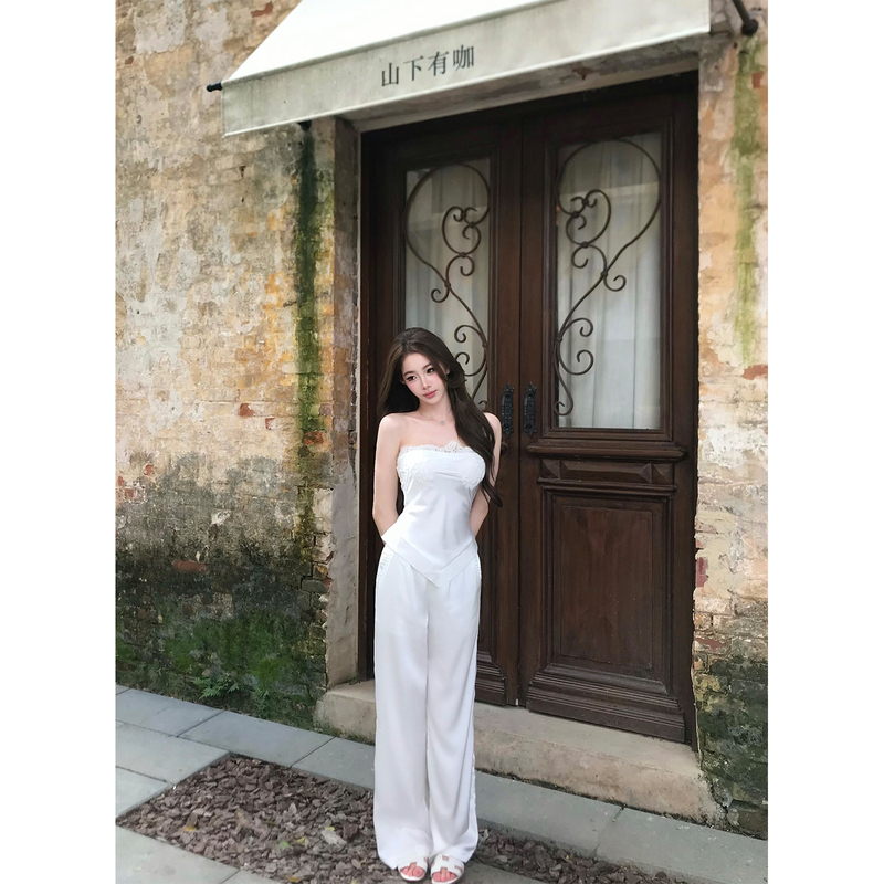 Shirley's "Light Temperament and Gentle Beauty: Pure Desire White Lace Tube Top and Flowy Wide-Leg Pants Set for Women Shirley's "Light Temperament and Gentle Beauty: Pure Desire White Lace Tube Top and Flowy Wide-Leg Pants Set for Women