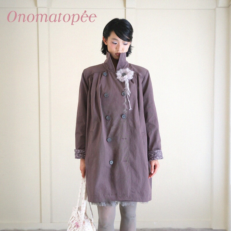 Otpe* Misty Purple Lapel Pleated Floral Patchwork Double-Breasted A-Line Silhouette Loose Mid-Length Trench Coat