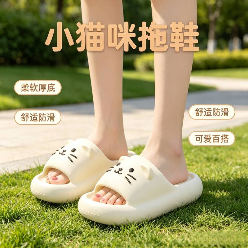 Cartoon-Style Kitten Slippers with Thick Soles for Home Use, Suitable for Couples, Non-Slip, for Bathroom Use and Outdoor Wear
