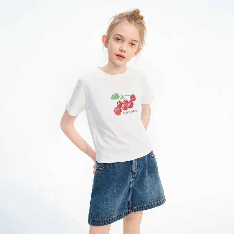[Same Style as Little Dimple] Bcbg Girls Children's Clothing Printed Cherry Rhinestone T-Shirt 26 Summer Design Short-Sleeve
