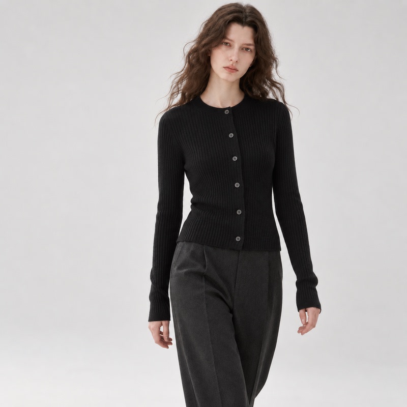 He Ying Official~ Wool and Cashmere Blend Round Neck Ribbed Knit Cardigan for Women, Autumn and Winter Sweater Coat, High-End Commuter Style