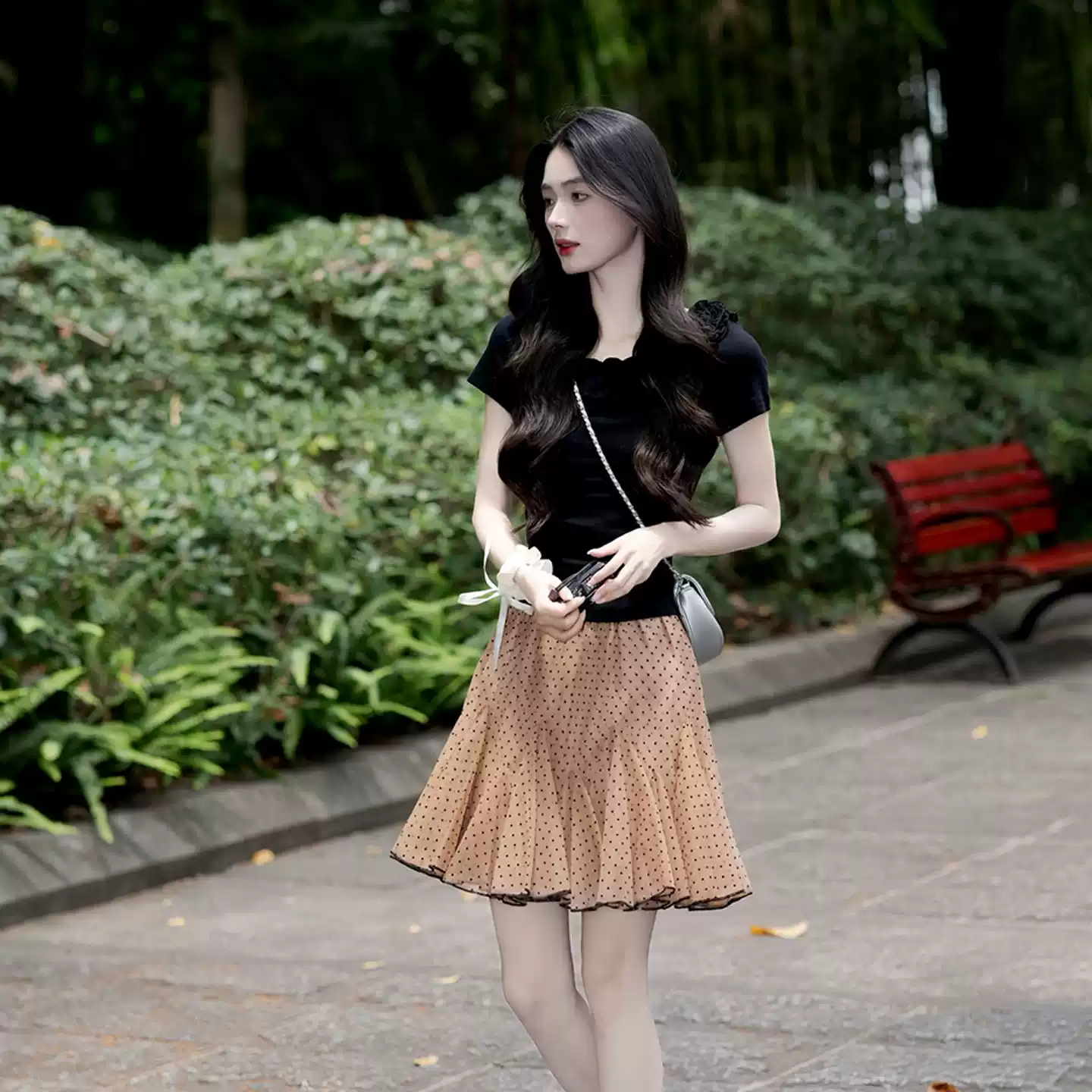 ชุดสองชิ้นผ้าตาข่ายลายจุดสไตล์ฝรั่งเศส ลุคสาวแซ่บรับซัมเมอร์
