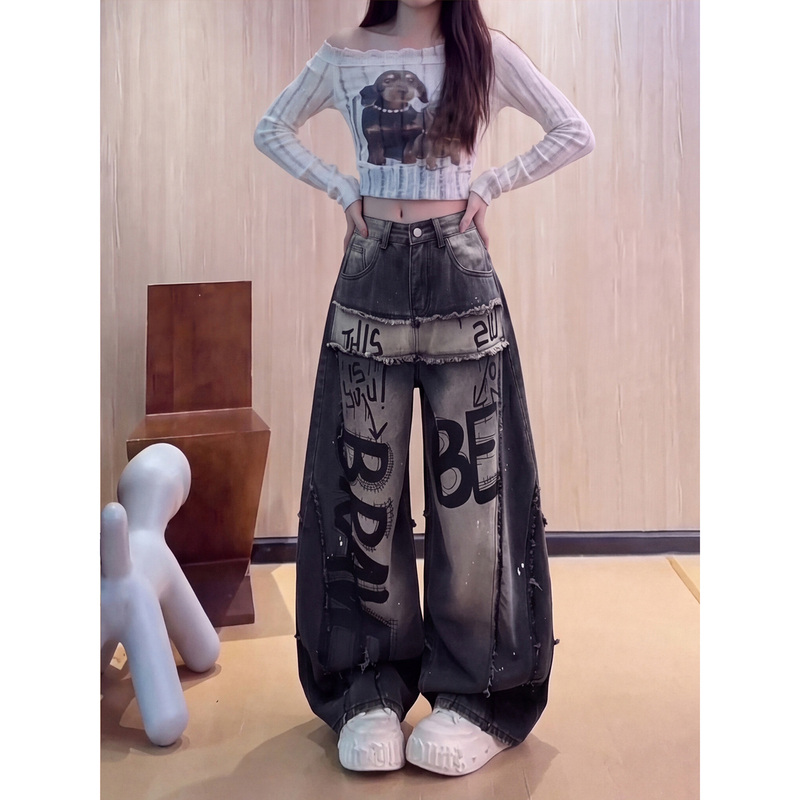 American Retro Letter Graffiti Frayed Patchwork Scimitar Jeans for Women 2026 Autumn New High-Waisted Floor-Length Wide-Leg Pants