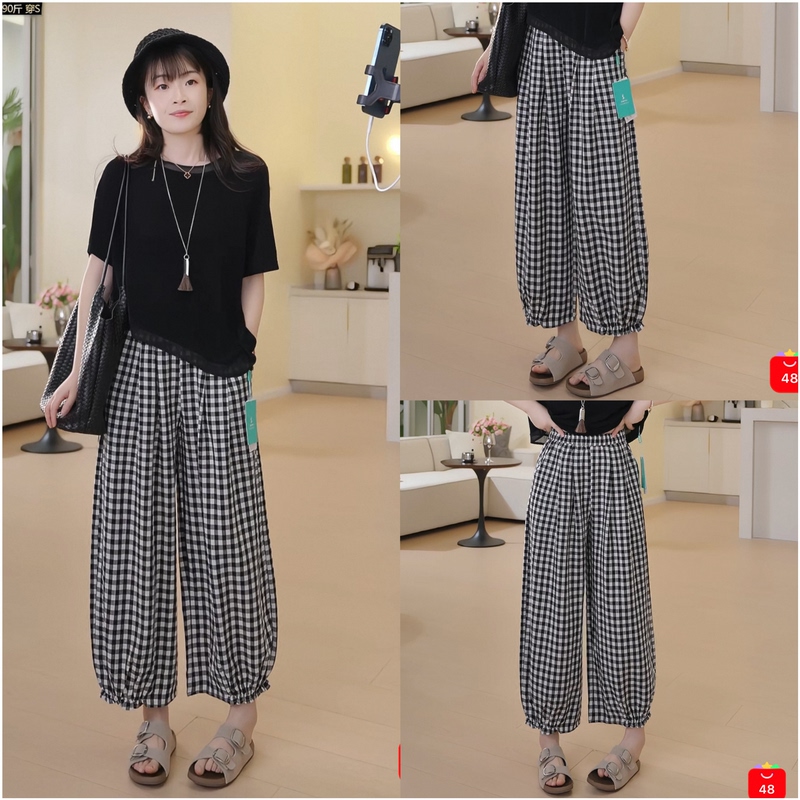 Elastic Waist Plaid Lace Pants
