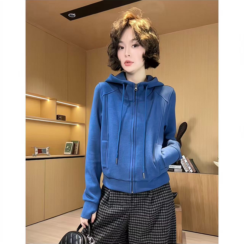 Ouni Private Label [Triangle Patch Zipper Jacket] Autumn Casual Versatile Drawstring Hooded Sweatshirt D5653