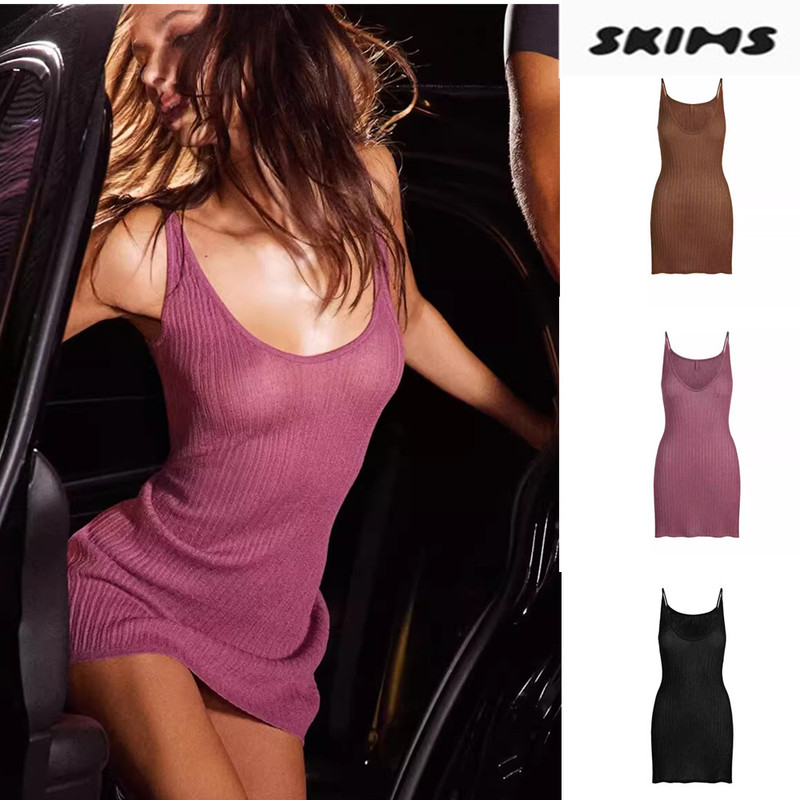 [in Stock in China] Skims Kardashian Knitted U-Neck Suspender Dress Slim Fit Sexy Hot Girl Short Dress