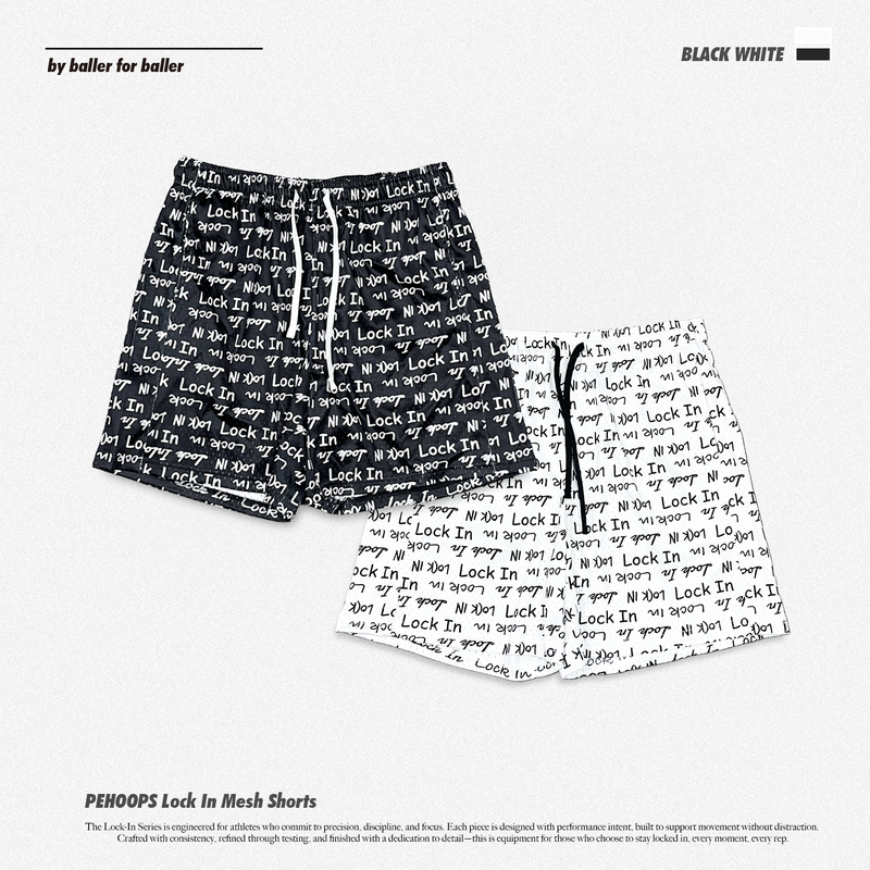 Pehoops Men's American-Style Mesh Basketball Shorts, Breathable and Quick-Drying, Lockin English All-Over Print, Trendy Five-Point Shorts