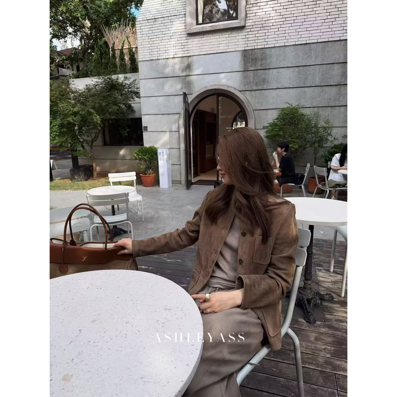 Ashleyass'Autumn Vibes' Sheepskin Vintage Stand Collar Autumn/Winter Melard Old Money Style Suede Jacket Coat Ashleyass'Autumn Vibes' Sheepskin Vintage Stand Collar Autumn/Winter Melard Old Money Style Suede Jacket Coat