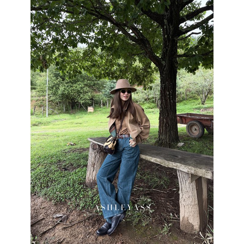 Ashleyass "Two-Tone Classic Five-Pocket Straight-Leg Denim Pants Made of Long-Staple Cotton Indigo Straight-Leg Wide-Leg Denim Trousers for Women