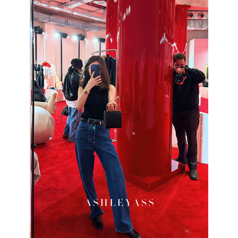 Ashleyass "Indigo Wide-Leg Denim" Italian-Style Vintage High-Waisted Straight-Leg Jeans for Women, Slimming Long Pants