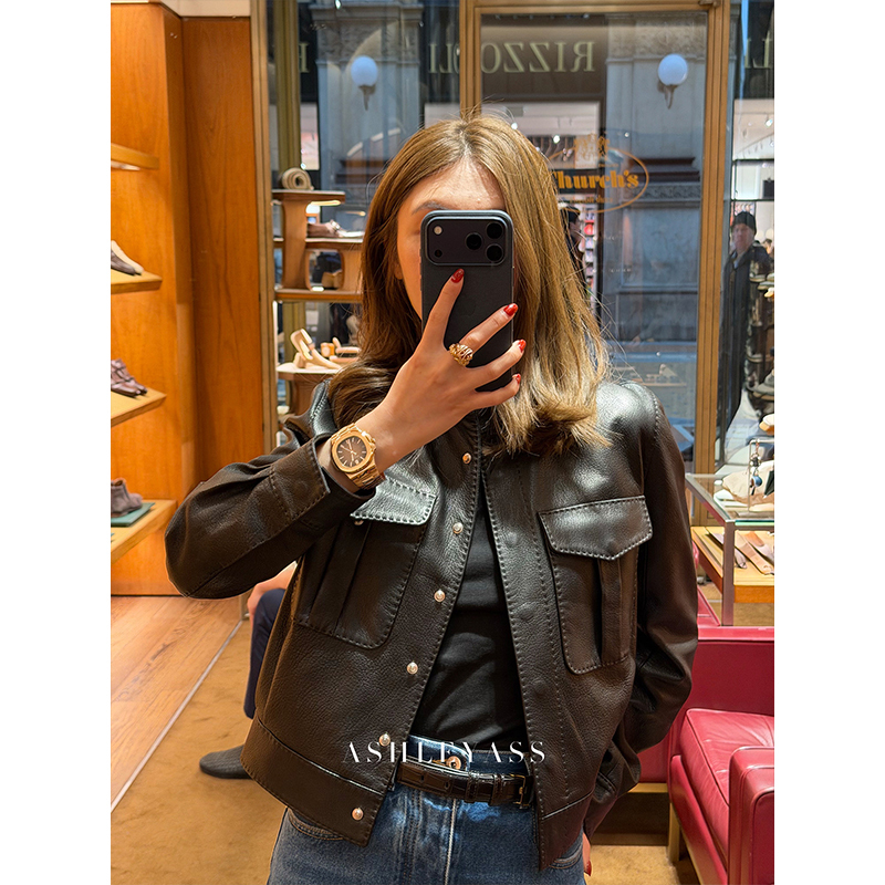 Ashleyass Vintage Turkish A-Grade Sheepskin Stand Collar Pocket Short Workwear Leather Jacket Ashleyass Vintage Turkish A-Grade Sheepskin Stand Collar Pocket Short Workwear Leather Jacket