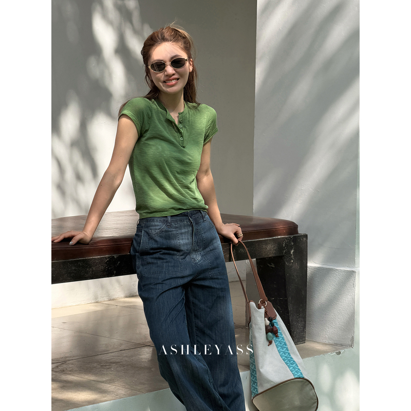 Ashleyass Green-Toned Henry Short-Sleeve T-Shirt, Dual Version, Multi-Color, Double-Layer Design, Half-Open Placket, Regular Shoulder Top