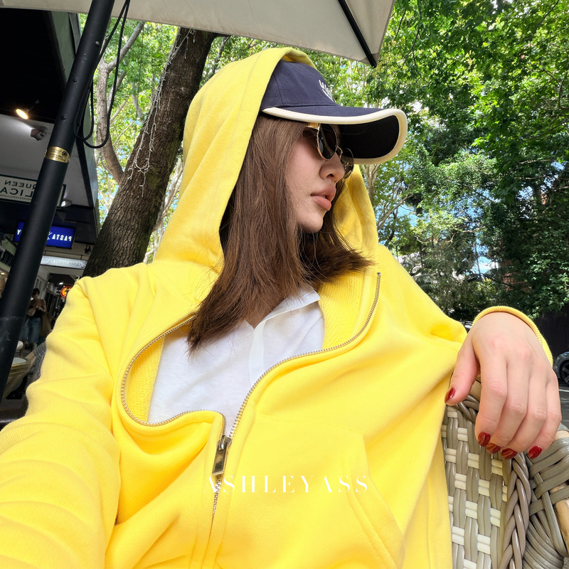 Ashleyass "Lemon Yellow" Soft and Fluffy Lemon Yellow Hooded Drop-Shoulder Zip-Up Sweatshirt Jacket for Women