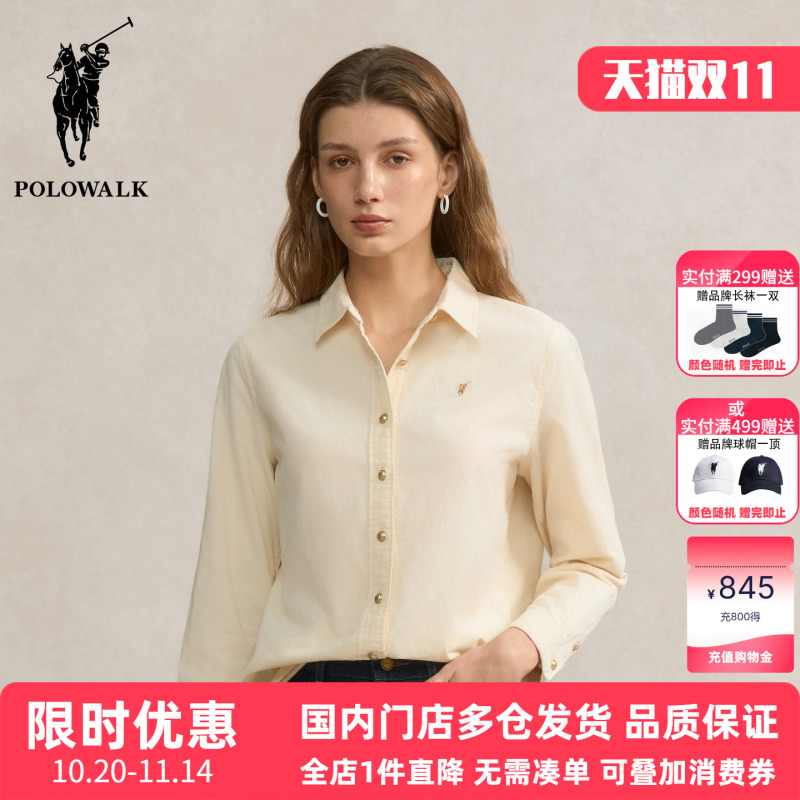 Polowalk Pure Cotton Washed Corduroy Long-Sleeved Shirt for Women Spring & Fall New Paul Women's Lapel Right Shoulder Shirt