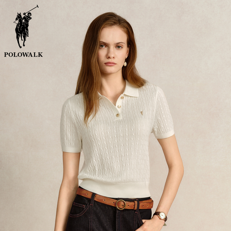 Polowalk Old Money Style Cable Knit Lapel Short-Sleeve Knit Top for Women 2026 Summer Vintage Embroidered Elegant Sweater Trendy