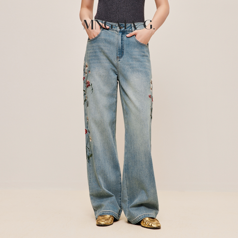 Manga Tower Gong Xiaoyan [Floral Denim] Heavy Embroidery Loose Straight Jeans 6081403