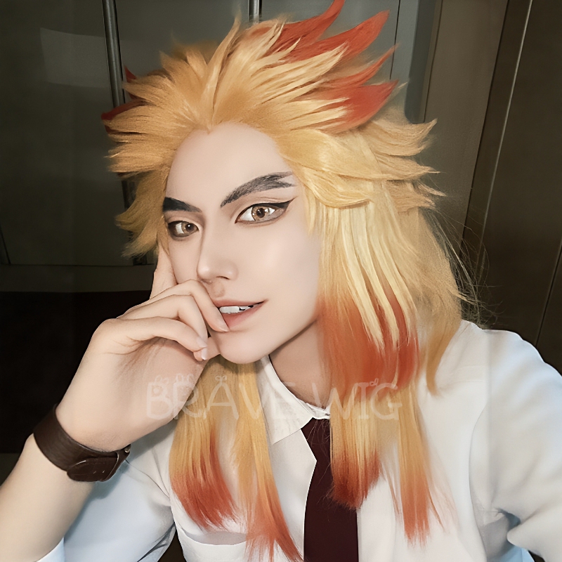 Rengoku Kyojuro Cosplay Wig Demon Slayer: Kimetsu No Yaiba Cosplay Flame Pillar Anime Character Role-Playing Wig Styling