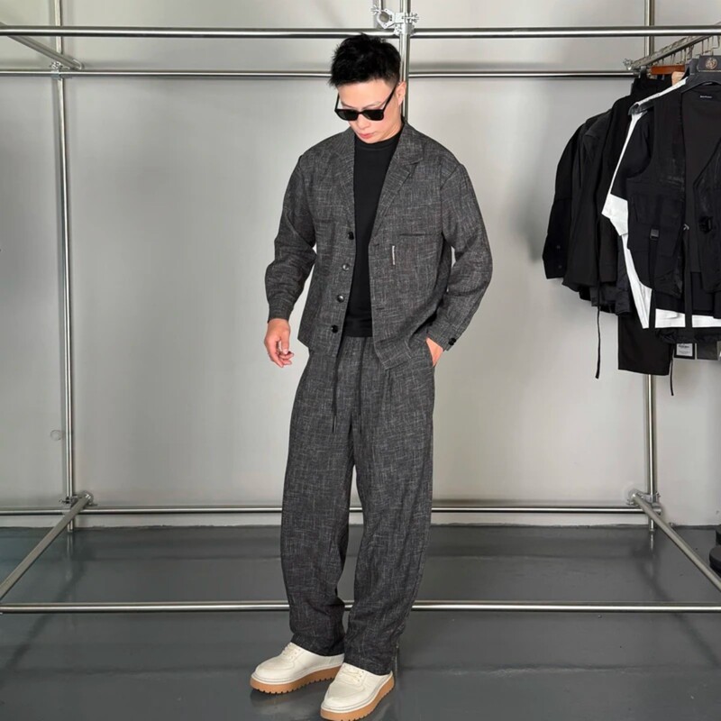 H·K American Fashion Brand Spring and Summer New Simple Versatile Old Money Style Suit Collar Trendy Casual Set for Men