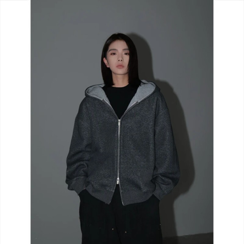 Inzc460G Heavyweight Patchwork Cardigan Sweatshirt Unisex Hooded Loose Jacket Versatile Couple's Long-Sleeve Top
