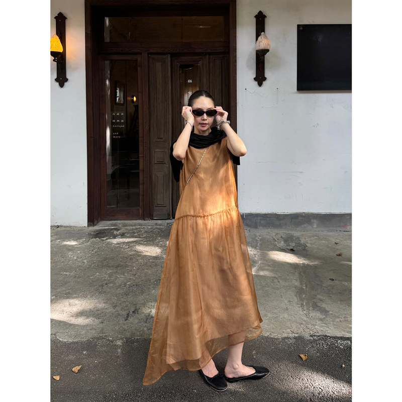 【Aurasahi】100% Mulberry Silk Soft Light Semi-Sheer Tank Dress, Light and Flowing with an Elegant Vibe Q72501