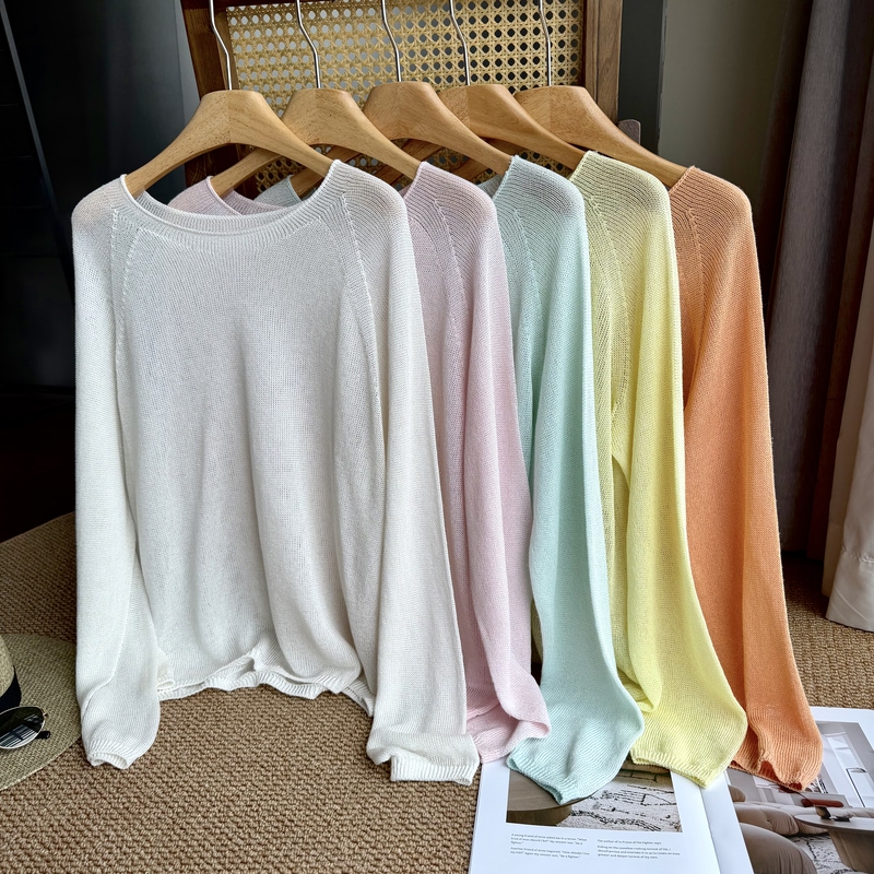 Dl&Queen【Super Soft Mulberry Silk and Paper Yarn】Seamless Integrated Long-Sleeve Knit Top for Women 121902