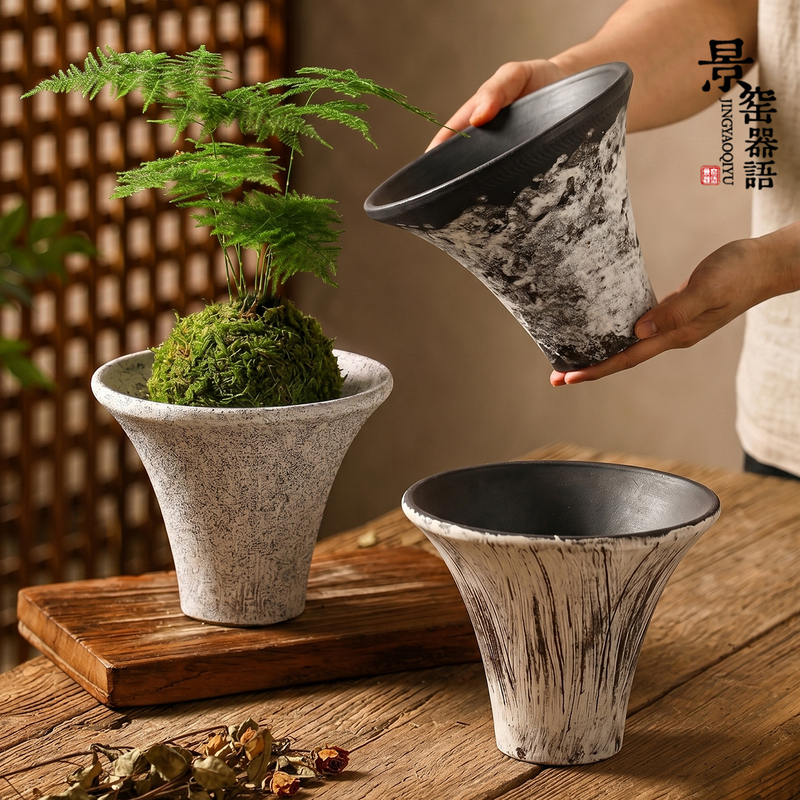 Zen-Inspired Retro Wabi-Sabi Style Ceramic Flower Pot for Home Desktop, Large-Diameter Pot for Butterfly Orchids, Orchid Planters, Bonsai, Coarse Pottery Pot