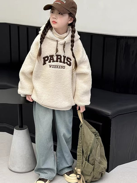 German Razt Brand Store Girls' Lamb Fleece Sweatshirt Autumn and Winter 2025 New Sweatshirt Fleece-Lined Hooded Pullover