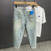 Trendy brand high-end quality light blue men's jeans loose breathable straight American high street casual nine-point pants