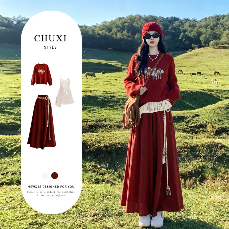 Xinjiang Travel Ethnic Style Red Dress for Women, Autumn 2026, Light and Sophisticated Intellectual Outfit, Complete Dress Set