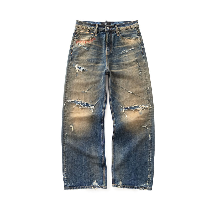 Ag Raging 26Ss'Eye of the Sea God' Narrow Selvedge Distressed Patchwork Yellow Mud-Dyed Straight-Leg Jeans
