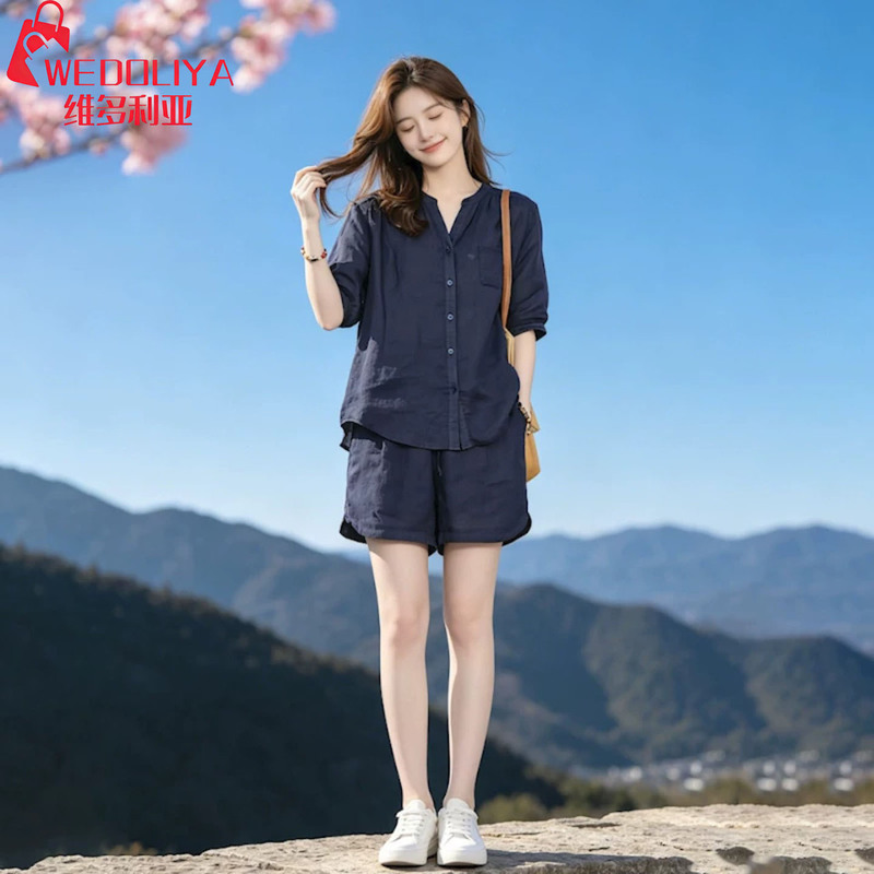 Wedoliya Victoria Spring and Summer Short-Sleeved Shorts Two-Piece Set Summer Dark Blue Casual Sports Suit for Women Wedoliya Victoria Spring and Summer Short-Sleeved Shorts Two-Piece Set Summer Dark Blue Casual Sports Suit for Women