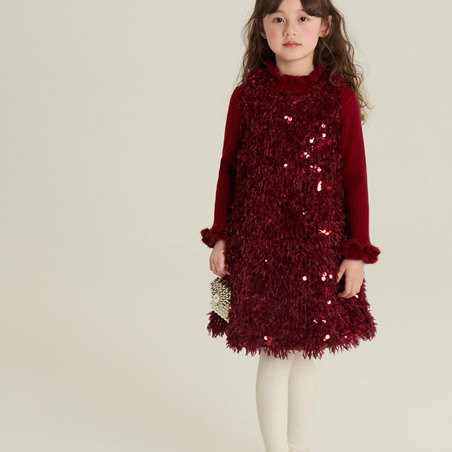 Girls' Autumn and Winter Quilted Birthday Princess Dress Korean Style Christmas Feather Sequin Vest Dress New Year Outfit Dress