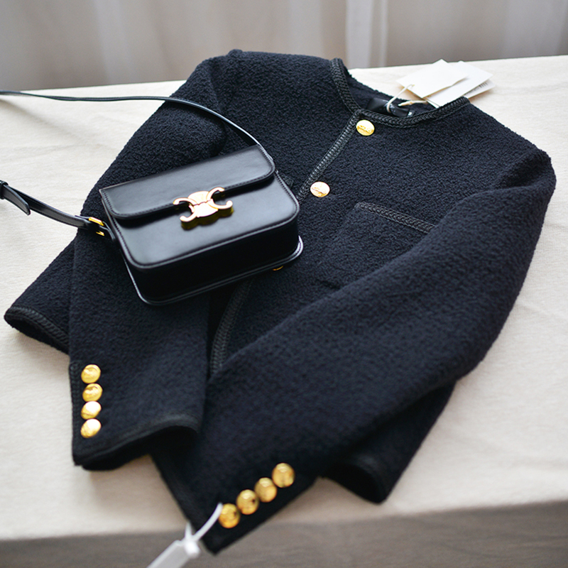 Black Chanel-Style Jacket for Women, Popular Designer Item, Elegant Black and Gold, Petite Size, Padded Short Coat, High-End Thick Wool Black Chanel-Style Jacket for Women, Popular Designer Item, Elegant Black and Gold, Petite Size, Padded Short Coat, High-End Thick Wool