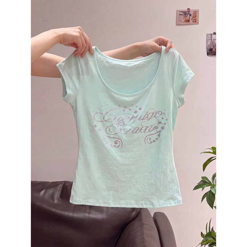 Light Millennium Hot Girl Wings Letter Print U-Neck Short Sleeve T-Shirt for Women Summer Y2K Slim Fit Shoulder Top Light Millennium Hot Girl Wings Letter Print U-Neck Short Sleeve T-Shirt for Women Summer Y2K Slim Fit Shoulder Top